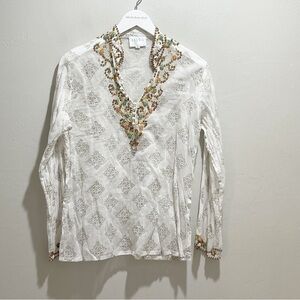 ANANYA Women’s White Multi Heavily Beaded Cotton Tunic Top Blouse Size Large